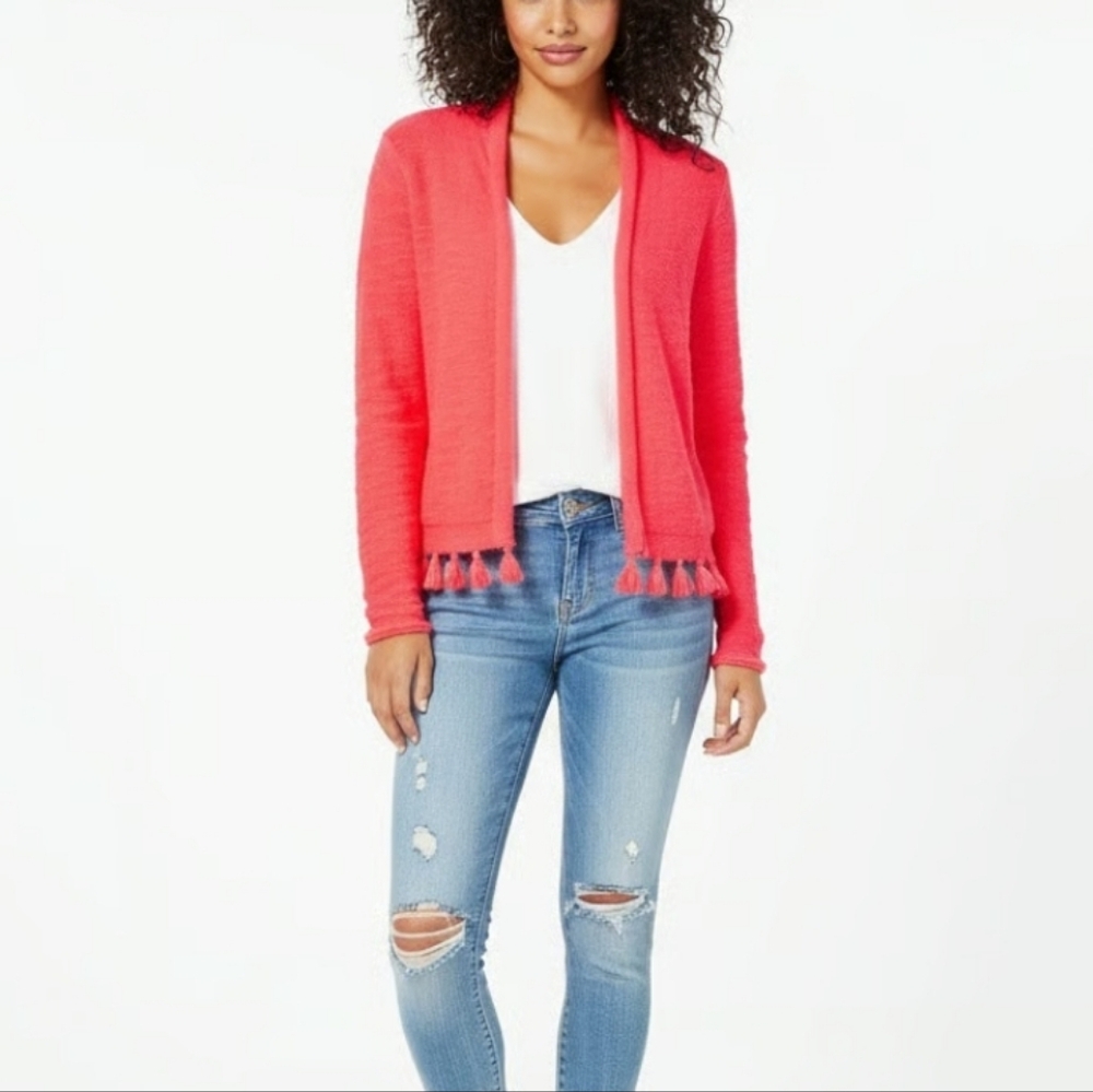 Lilly Pulizer Open Front Fringe Bright Pink/coral Cardigan Size XXL